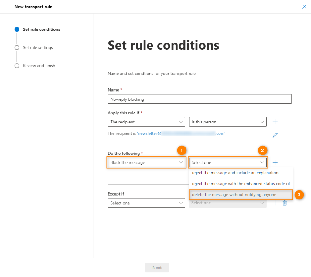 Select mailflow rule action