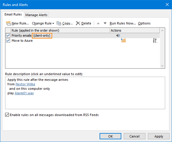 Client-only inbox rule in Outlook