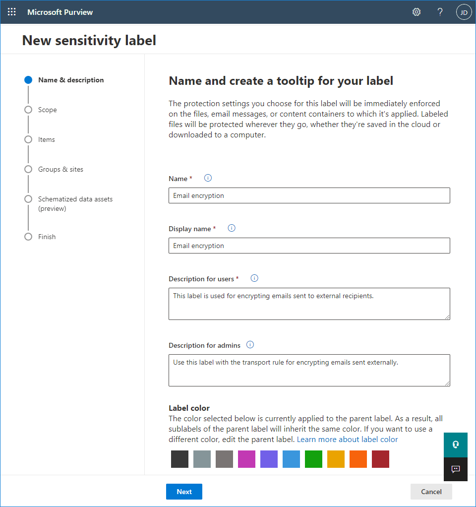 Creating a sensitivity label - name and description