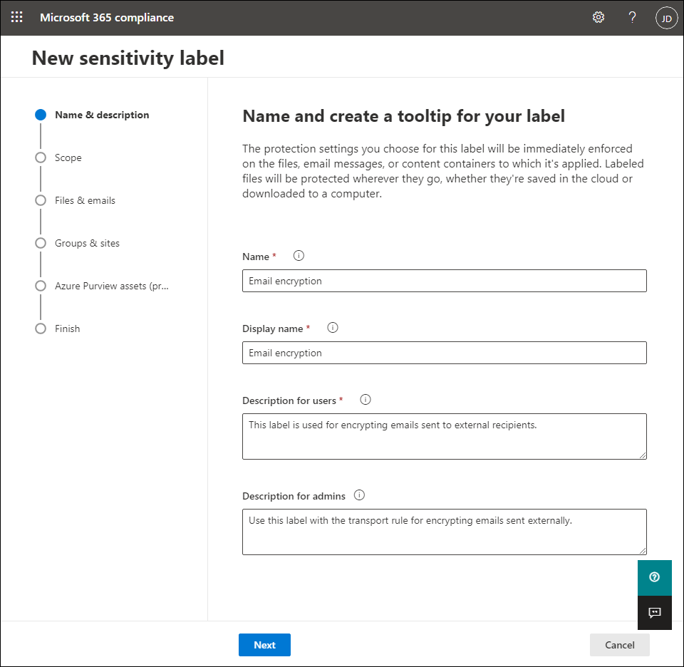 Create a sensitivity label - name and description