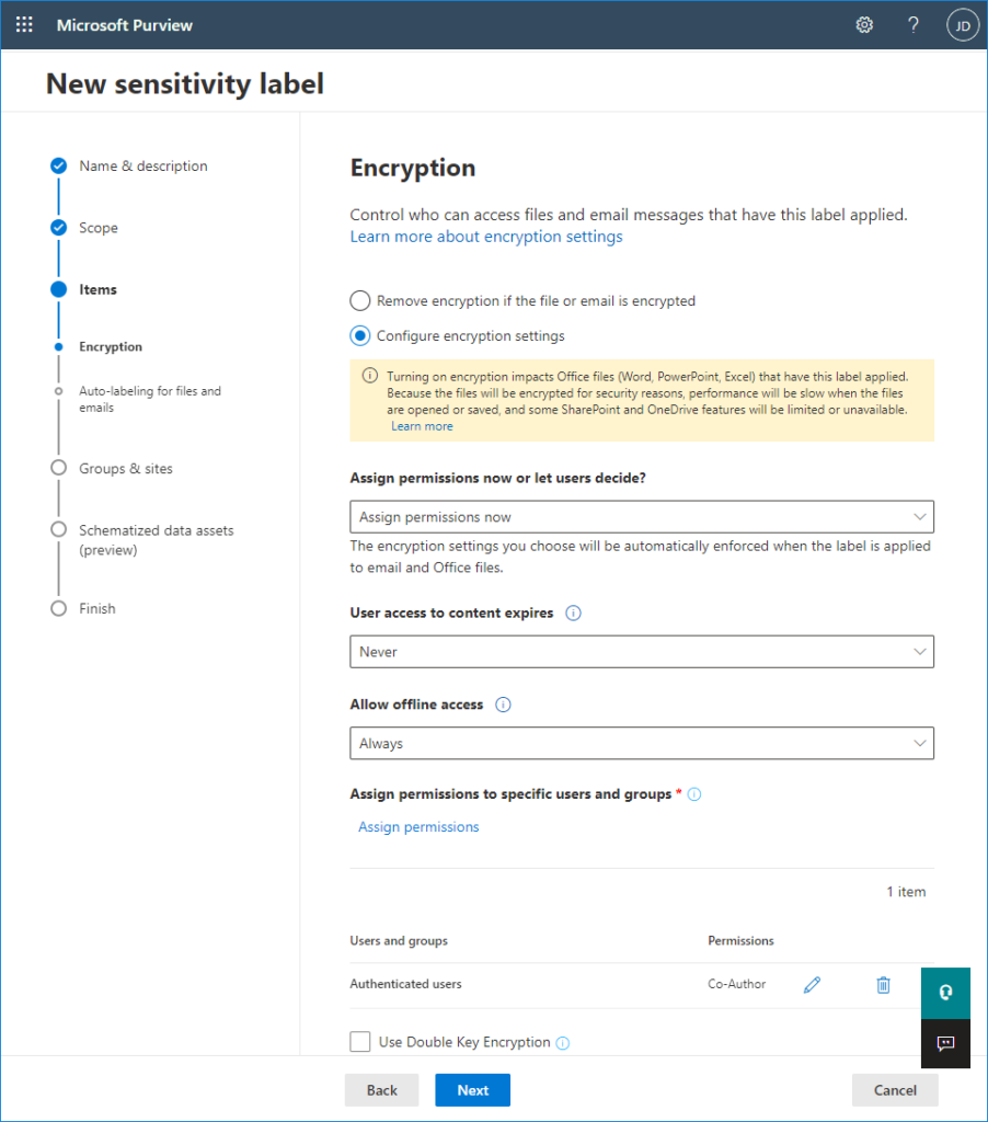 Creating a sensitivity label - encryption