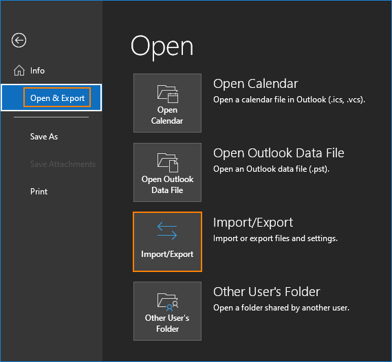 Outlook import and export settings