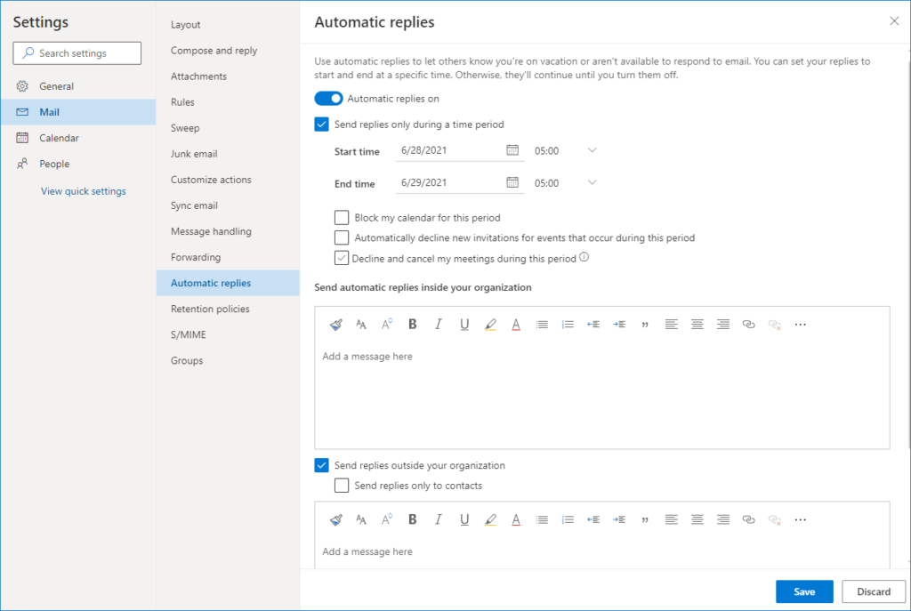 09 - Out of office in Outlook 365 - automatic replies settings