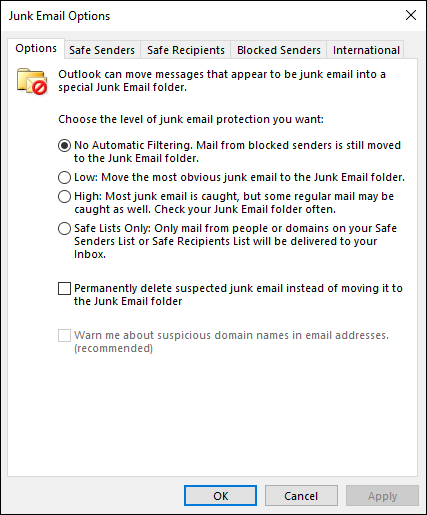 Junk E-mail Options