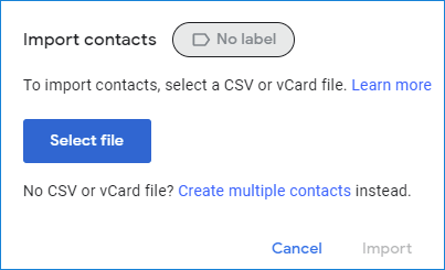 Import contacts to Gmail - salect file and label