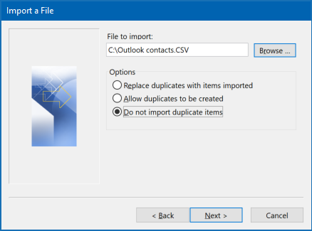 Import Outlook contacts to Outlook - choose file
