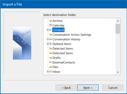 Import Outlook contacts to Outlook - choose target folder