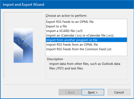 Outlook import wizard