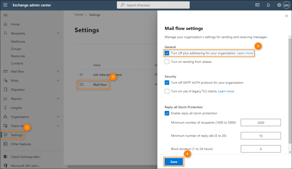 How to disable plus addressing in the Exchange admin center (EAC)