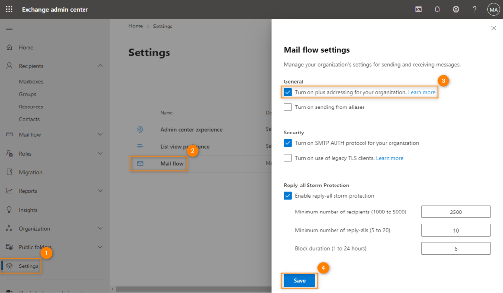 How to enable plus addressing in the Exchange admin center (EAC)
