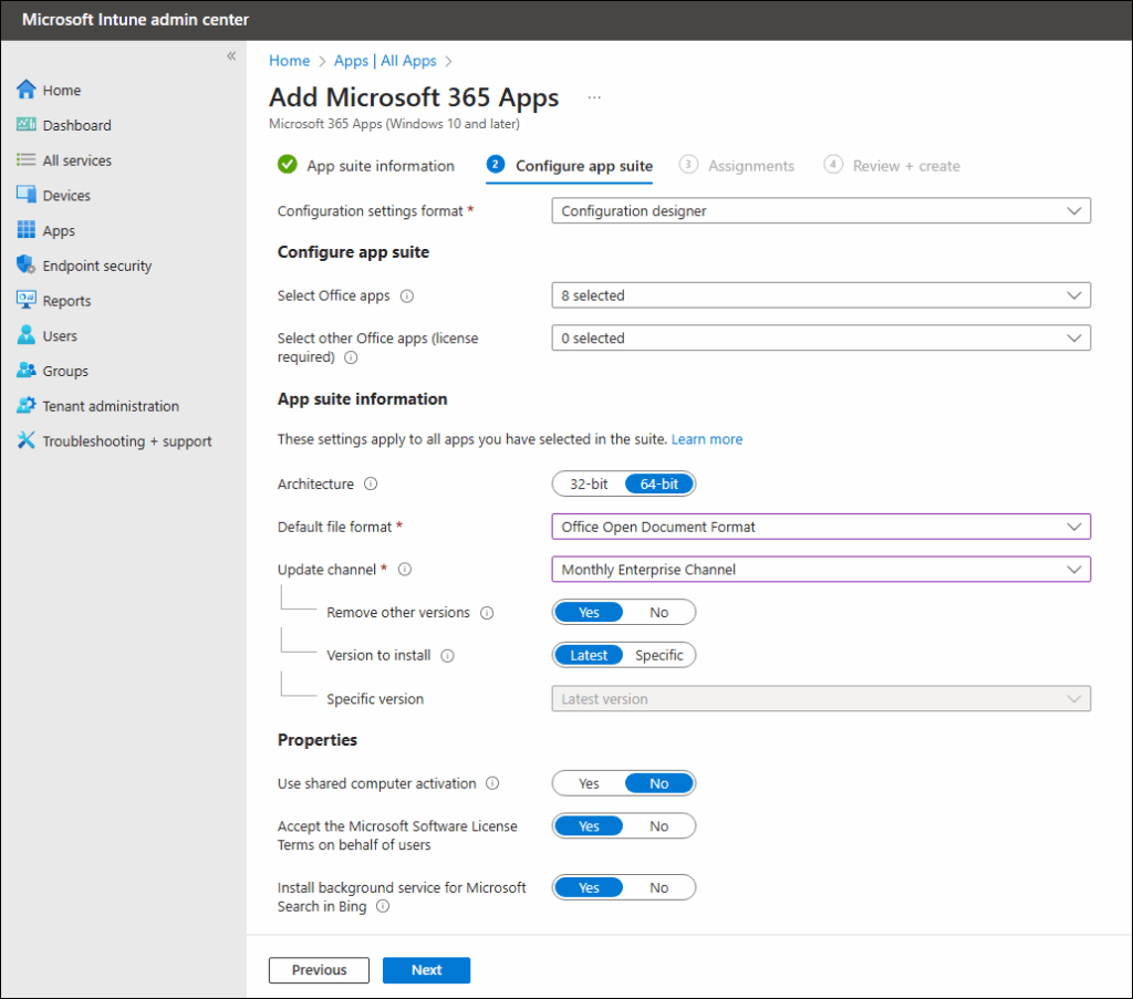 Configuring the app suite.