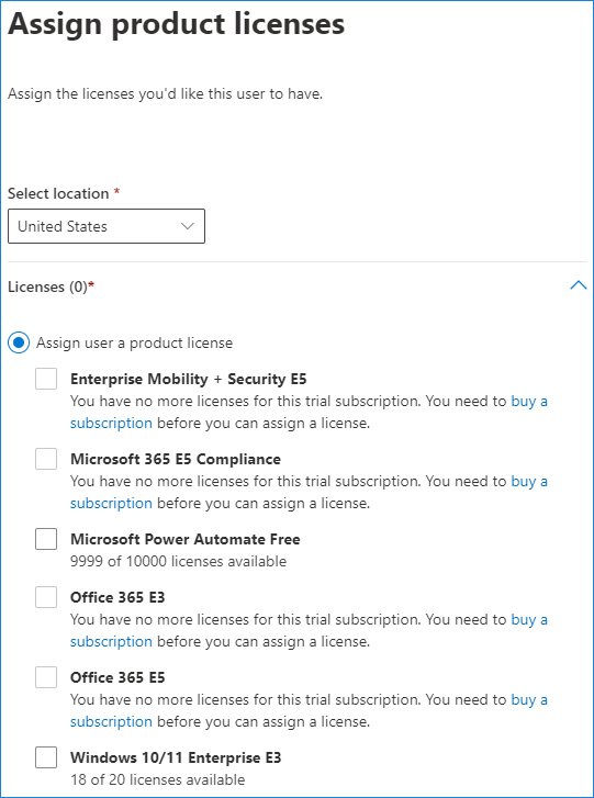 New user mailbox - assign product licenses