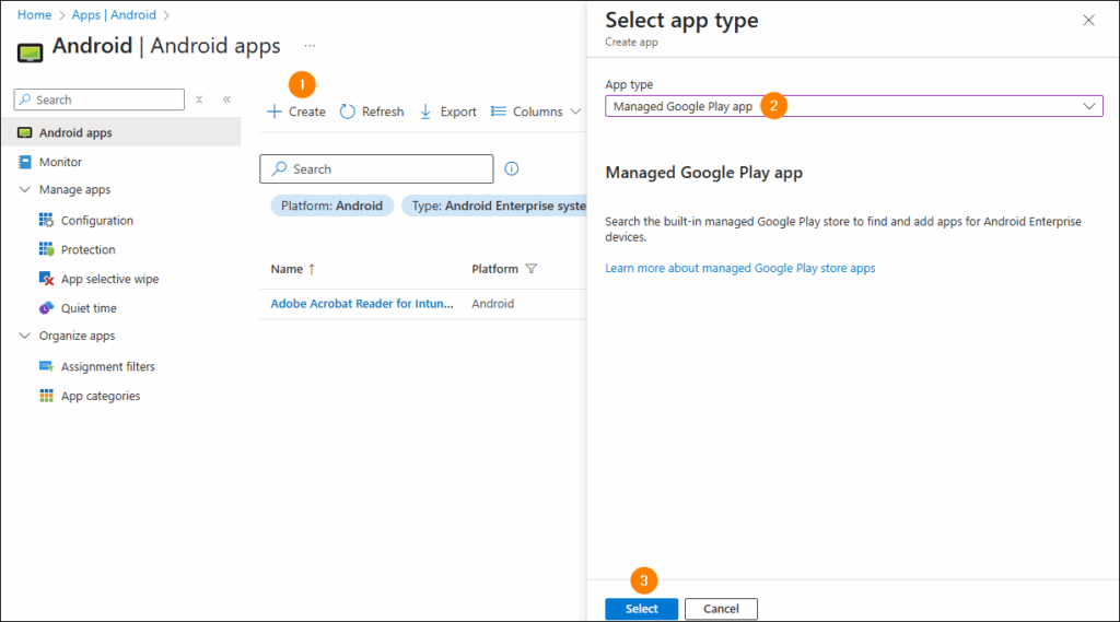 Selecting the Managed Google Play app type.