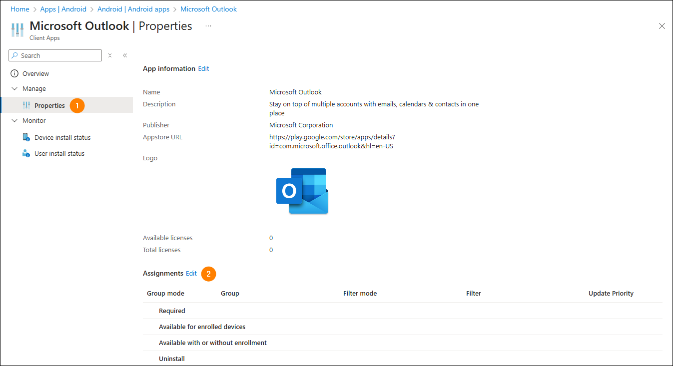 Editing app assignments for Microsoft Outlook.