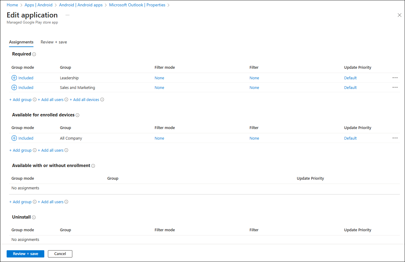 Assigning the app to selected groups.