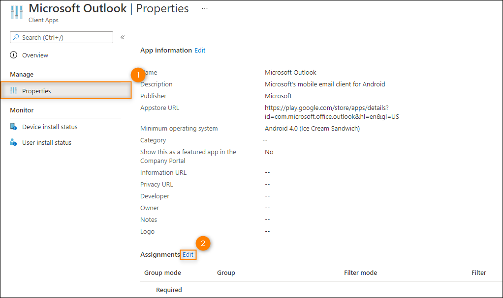 Starting the group assignment process in Intune