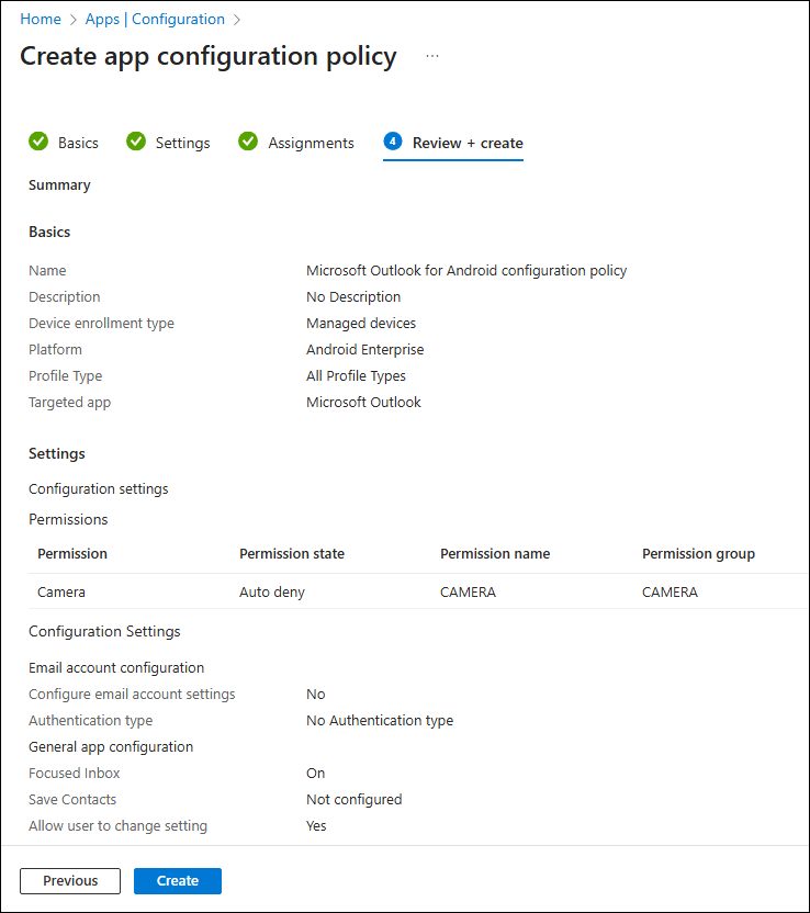 Reviewing the app configuration policy.