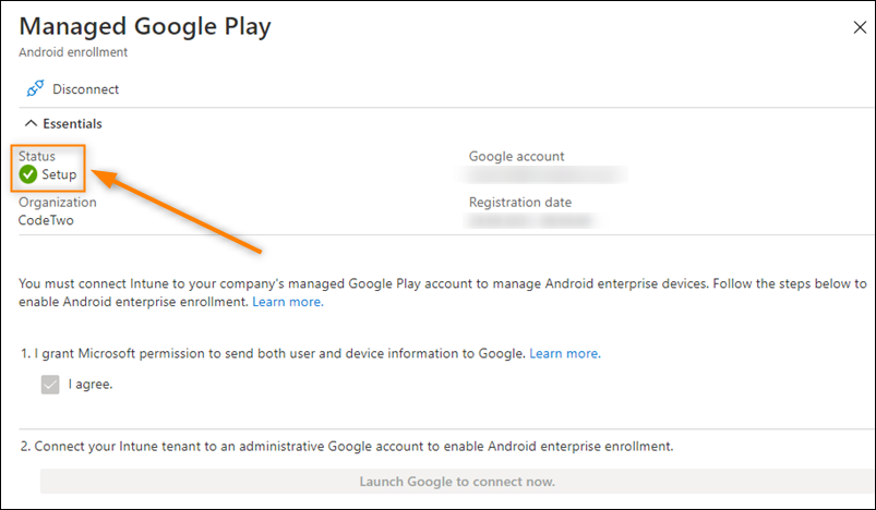 Managed Google Play account successfully connected to Intune
