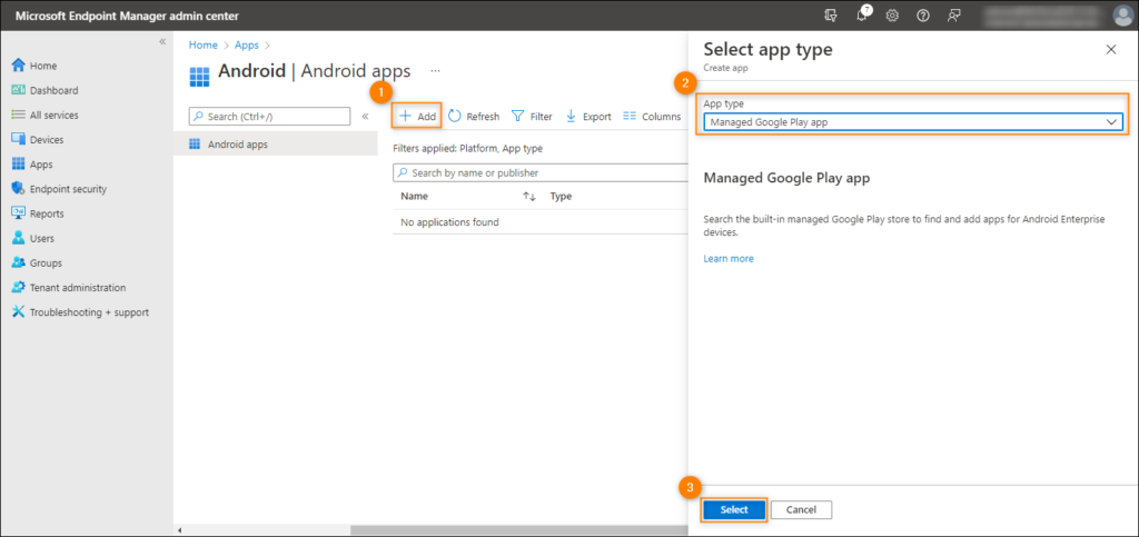 Selecting an app type to add to app list in Intune
