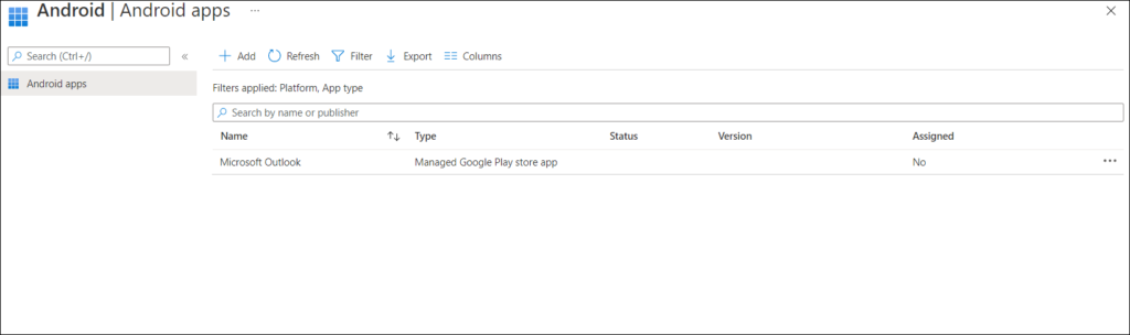 Outlook for Android app on apps list in Intune