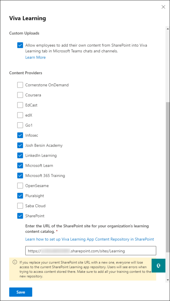Viva Learning courses sources selection