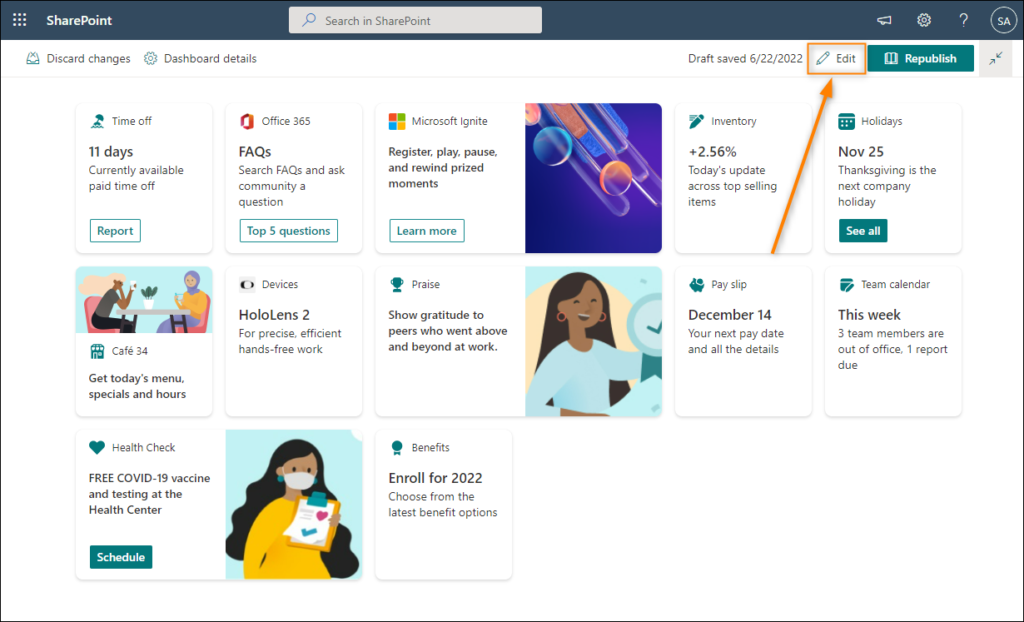 Entering Viva Connections dashboard editing mode