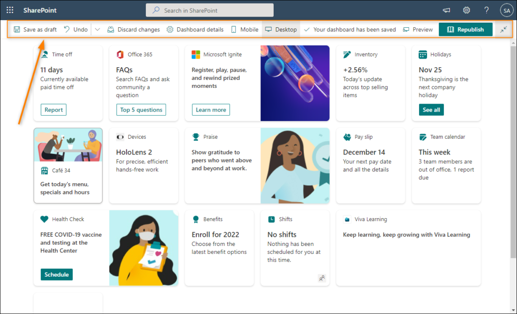 Dashboard top menu
