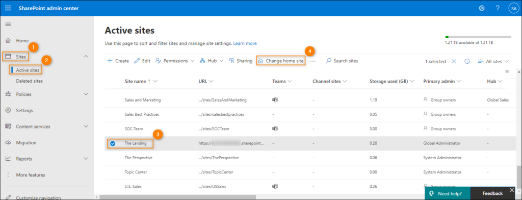 Changing home site in the SharePoint admin center