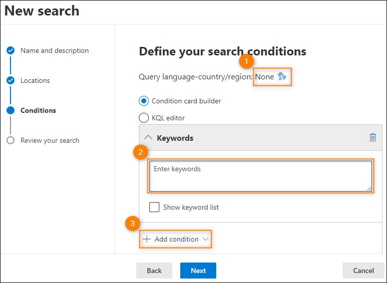 Define content search conditions