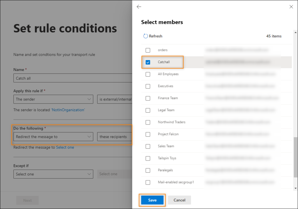 Configuring the catch all transport rule action 1