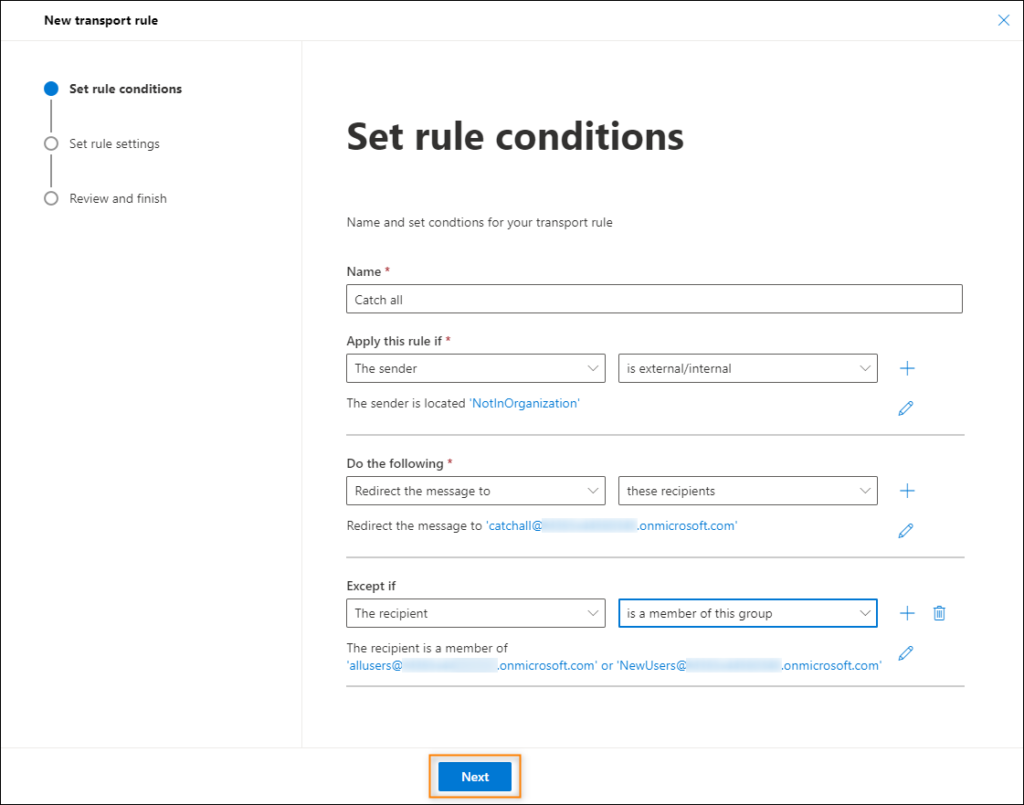 Reviewing and saving the catch all transport rule 1