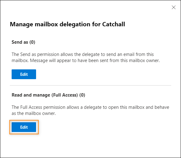 Editing shared mailbox delegation settings in EAC.