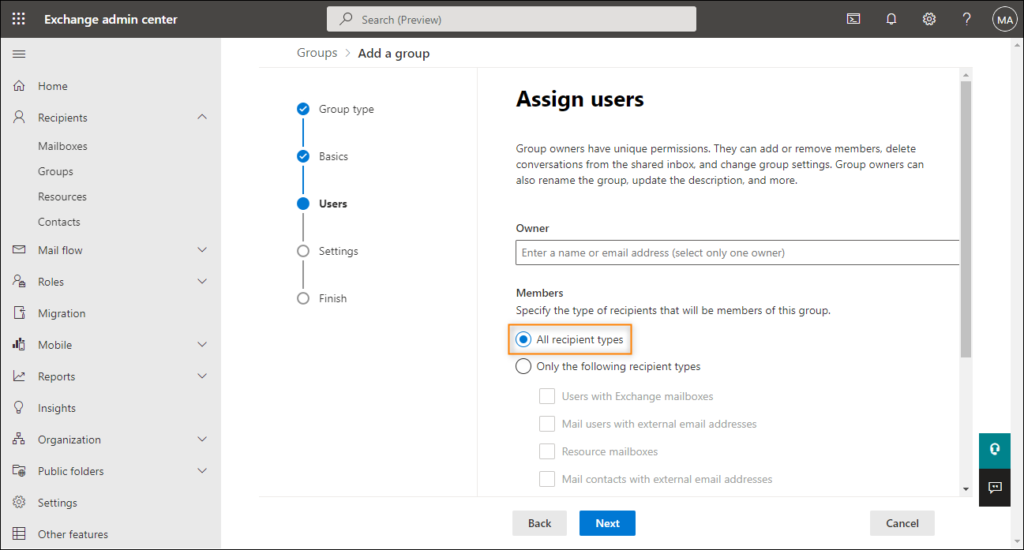 Selecting users to be included in the Dynamic Distribution Group.