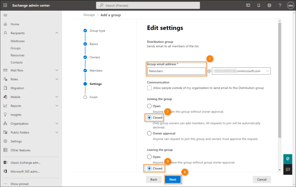 Configuring settings for a static distribution group