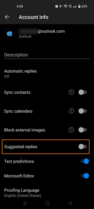 Disabling suggested replies in Outlook for Android.