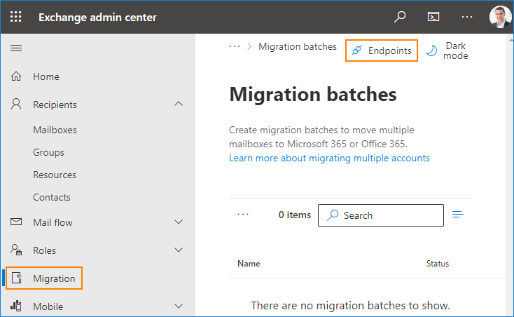 Exchange admin center migration endpoint