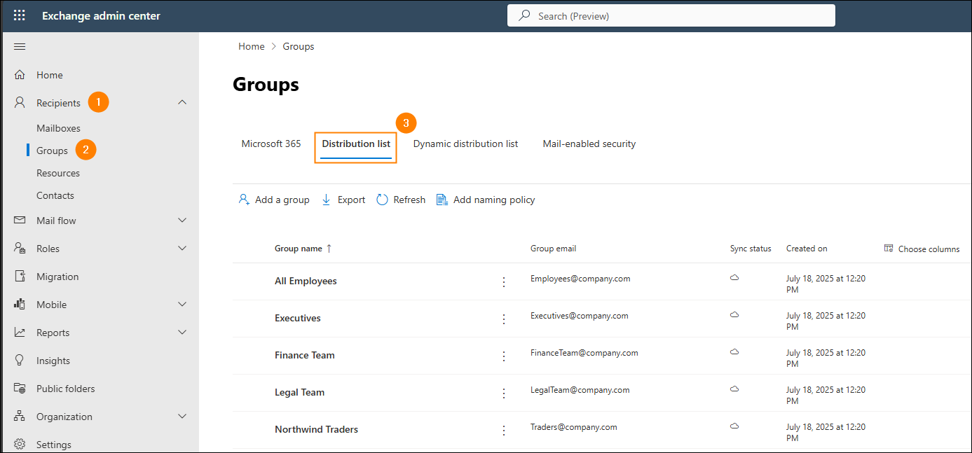 Accessing distribution lists in the EAC.