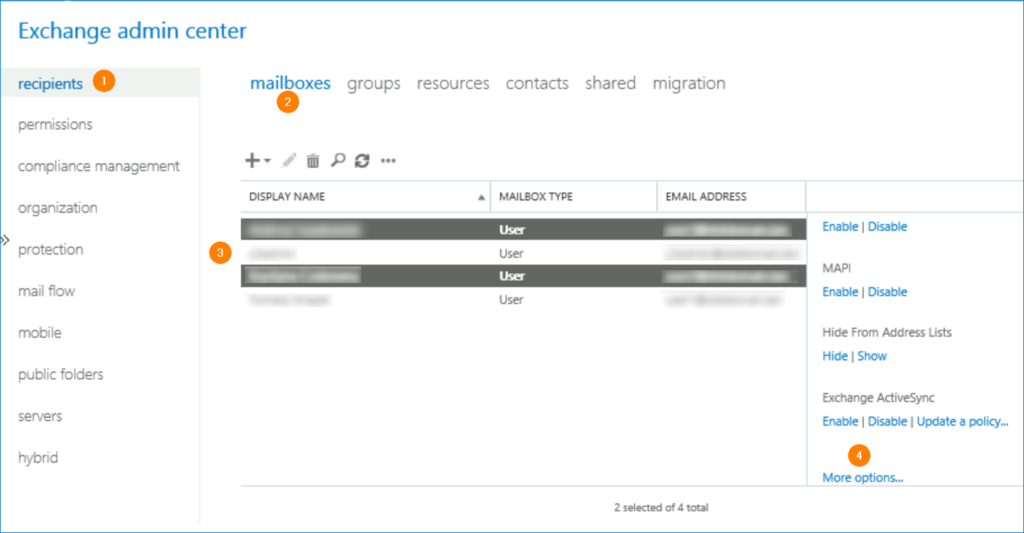 Exchange admin center - more options