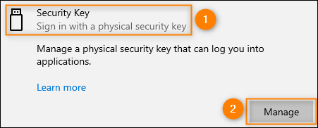 Accessing the security key settings in Windows 10.