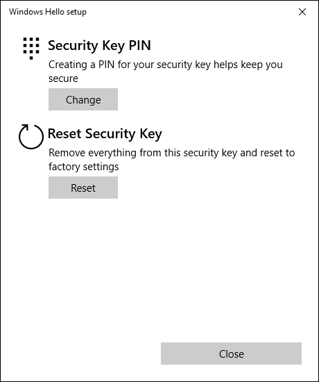 Security key settings available in Windows 10.