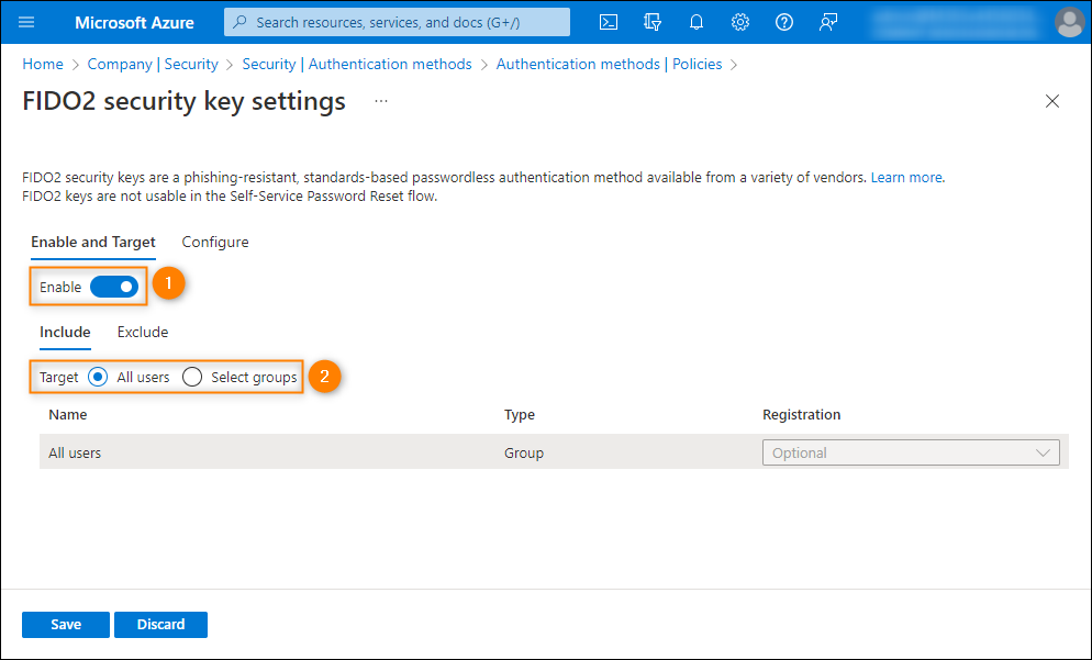 Defining the scope of Microsoft 365 users to use a security key.