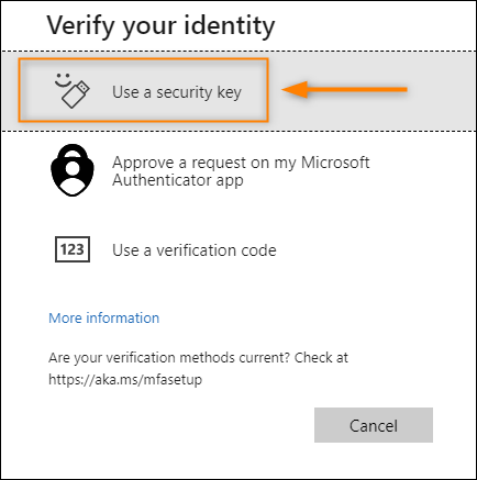 Choosing security key as Microsoft 365 sign-in method.
