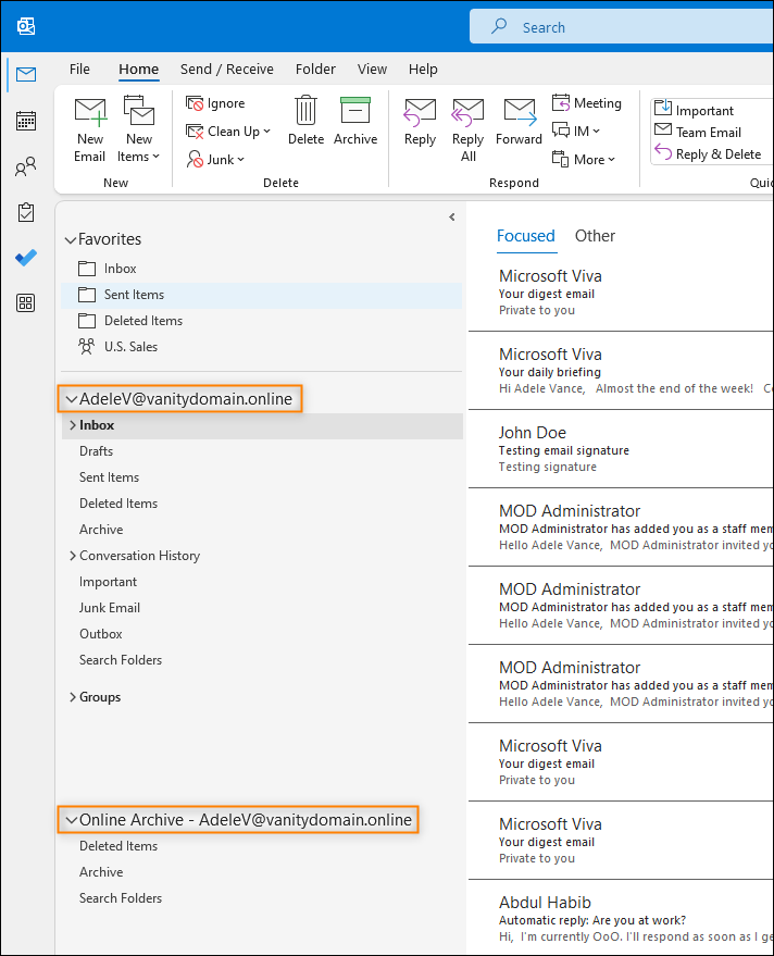 The archive mailbox in Outlook is separate from the primary mailbox.