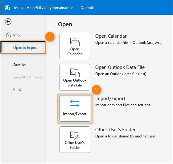 Accessing Import and Export Wizard in Outlook.