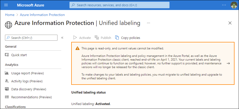Unified labelling status in Azure Portal.