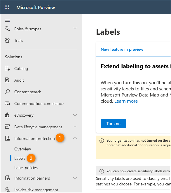 Accessing the sensitivity labels settings in the Microsoft Purview compliance center.