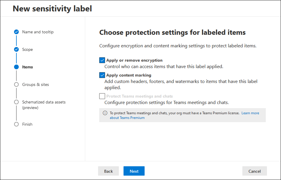 Configuring protection settings for labeled items.