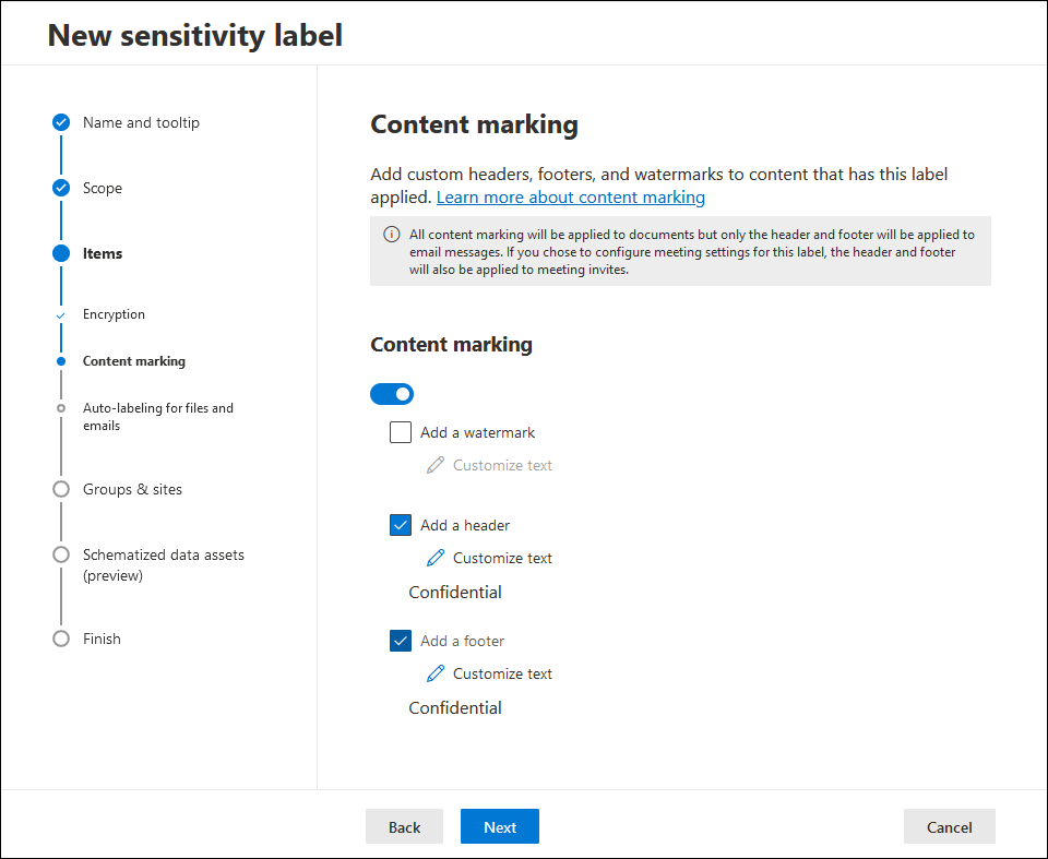 Configuring content marking settings for a sensitivity label.