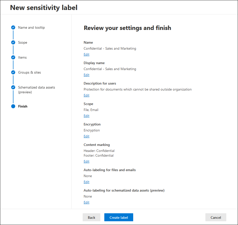 Reviewing the settings in the new sensitivity label wizard.