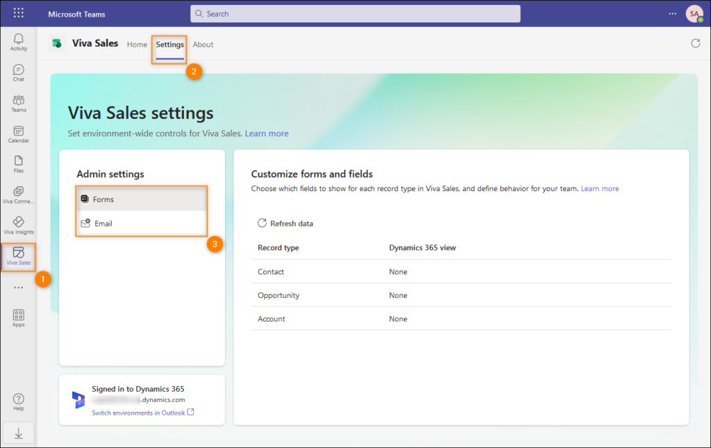 Accessing Viva Sales tenant-wide settings.